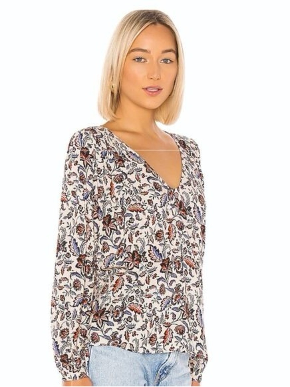 Velvet by Graham & Spencer White Floral V-Neck Blouse with Blue & Brown Accents